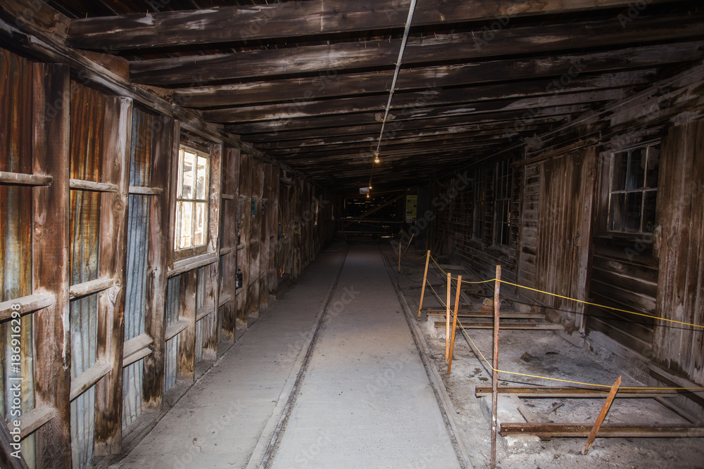 Fototapeta A long narrow hallway of bare wood beams and rafters with a sloped roof and a cement floor of an abandoned factory