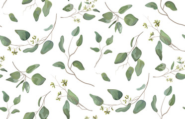 Sierkussen Aquarel bladerprint patronen Eucalyptus different tree, foliage natural branches with green leaves seeds tropical seamless pattern, watercolor style. Vector decorative beautiful cute elegant illustration isolated white background  © Alewiena