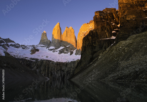 Sunrise, Bases del Torres, Torres del Paine National Park, Chile.