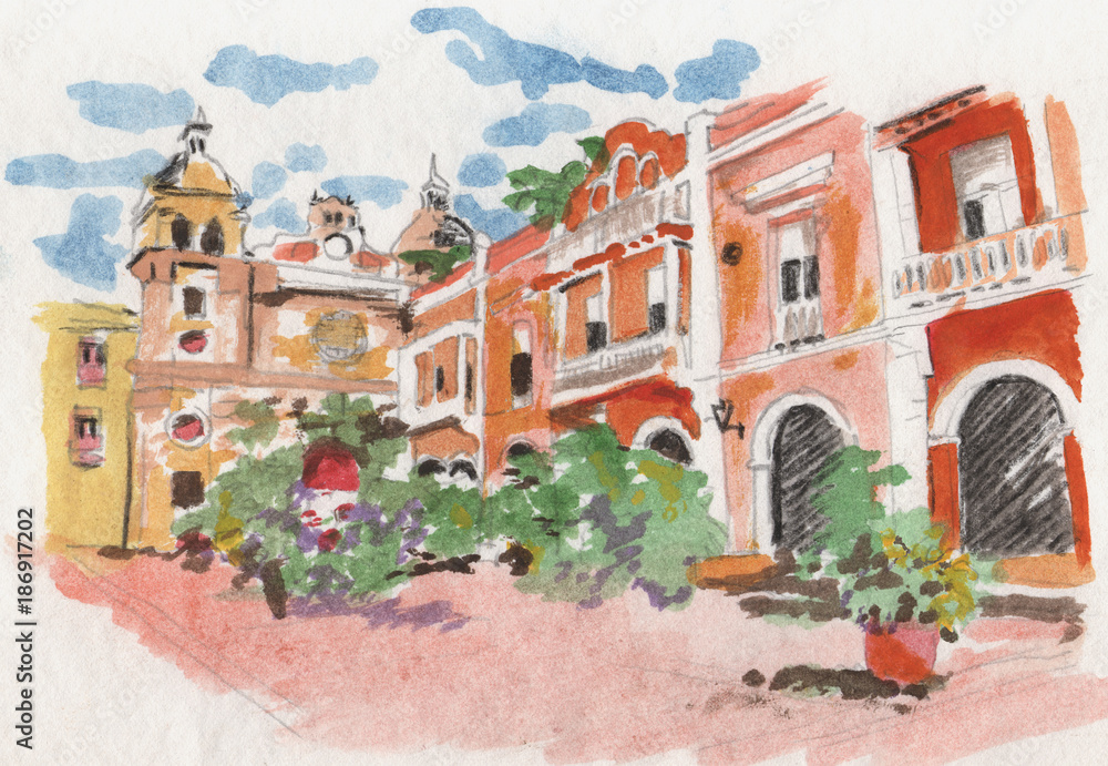 Town square, Colombia. Watercolour with clock tower.