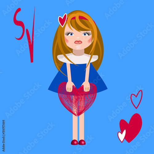 Vector illustration for Valentine's day. A cartoon girl in a blue dress with a contour volumetric heart in her hands. Drawing for the greeting card, decoration of the holiday, package design. 