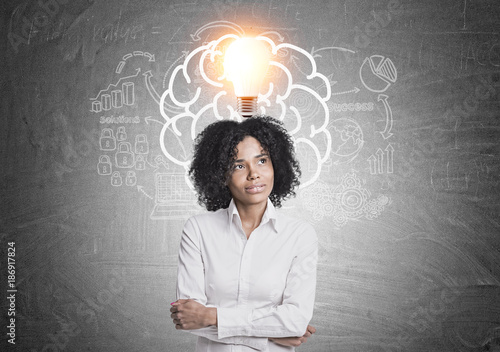 Pensive African American businesswoman brain, idea