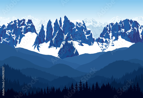 seamless vector blue beautiful mountains with forest panorama pattern