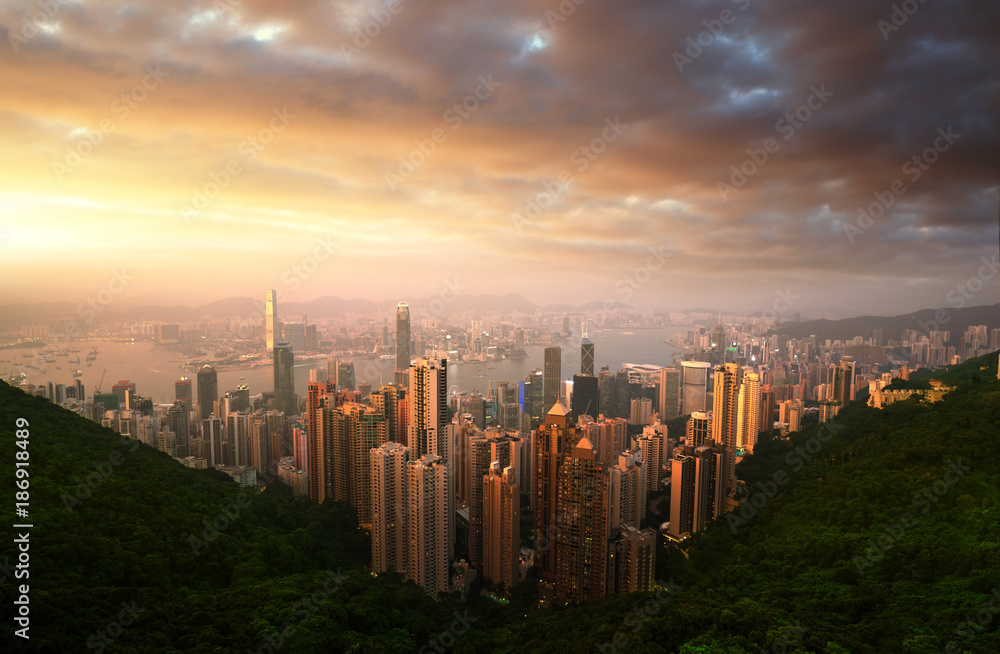 Sunset over Victoria Harbor from Victoria Peak in Hong Kong