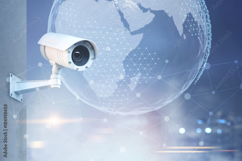 Fotografie CCTV camera, Earth in a city sky