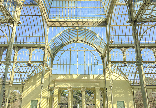 Crystal Palace in Retiro Park, Madrid. Spain. The Palacio de cristal was built in 1887 to exhibit flora and fauna from the Philippines. 