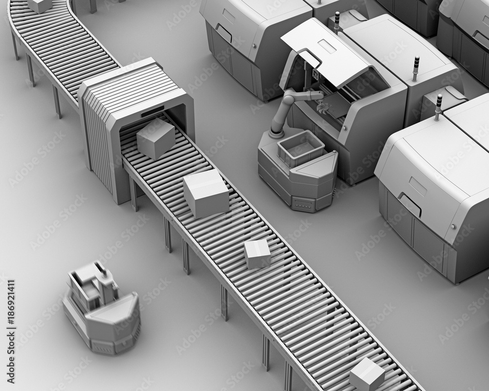 Clay model rendering of AGV (Automatic guided vehicle) picking parts from metal 3D printer. Smart factory concept 3D rendering image. Clay model rendering of AGV (Automatic guided vehicle) picking parts from metal 3D printer. Smart factory concept 3D rendering image.