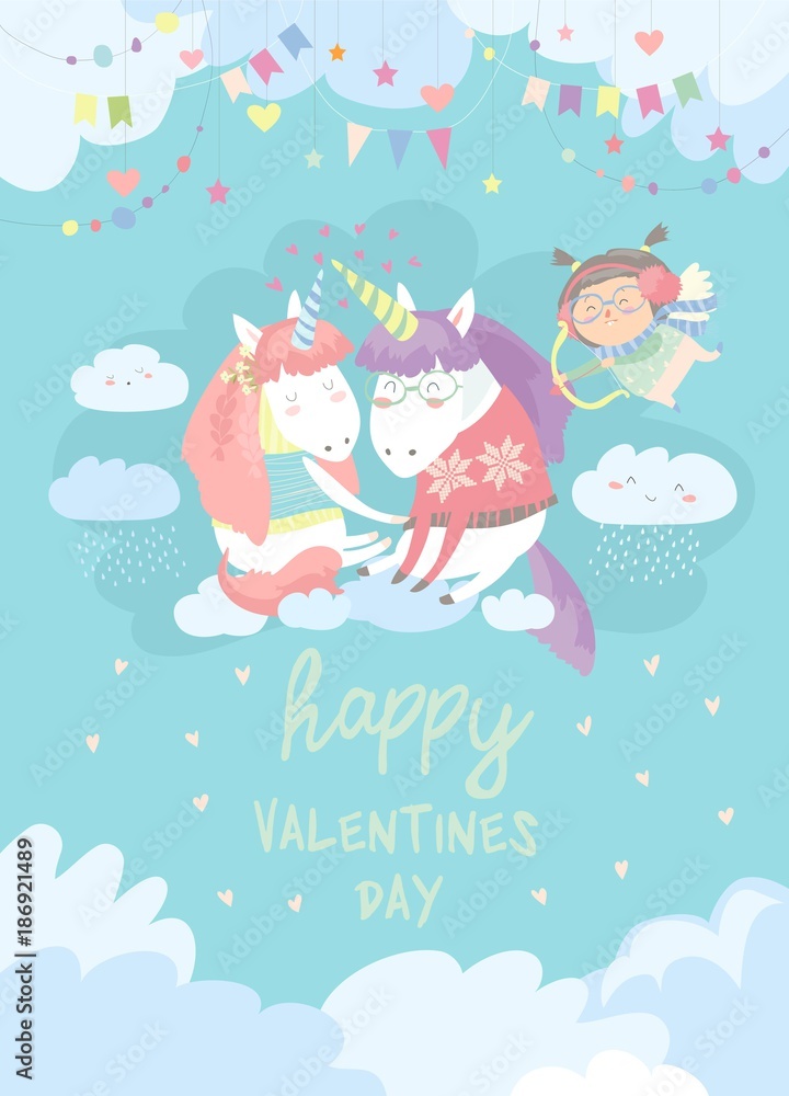 Cute card with fairy unicorns in love