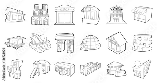 Building icon set, outline style