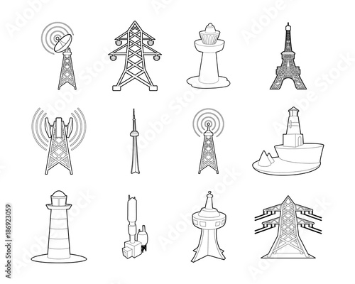 Tower icon set, outline style