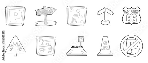 Street sign icon set, outline style