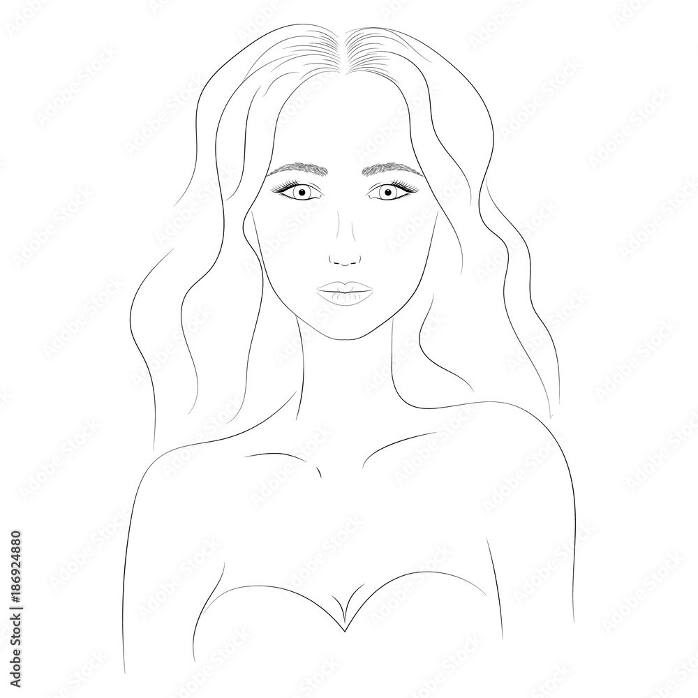 Portrait of a beautiful girl with long hair. Girl with big eyes. Plump lips. Young woman. Portrait of a woman close-up. Wavy hair, curly hair. Sketch of the face of a beautiful woman. EPS 10