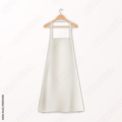 Vector realistic white blank cotton kitchen apron with clothes wooden hanger closeup isolated on white. Design template, mock up for branding, graphics, advertising, printing. Cooking or baker concept