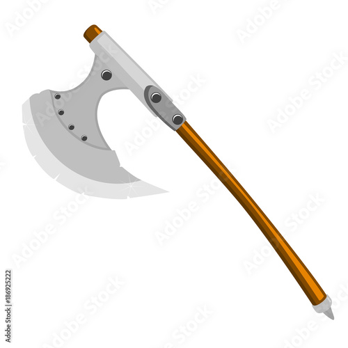 Axe of barbarian with wooden handle on white background