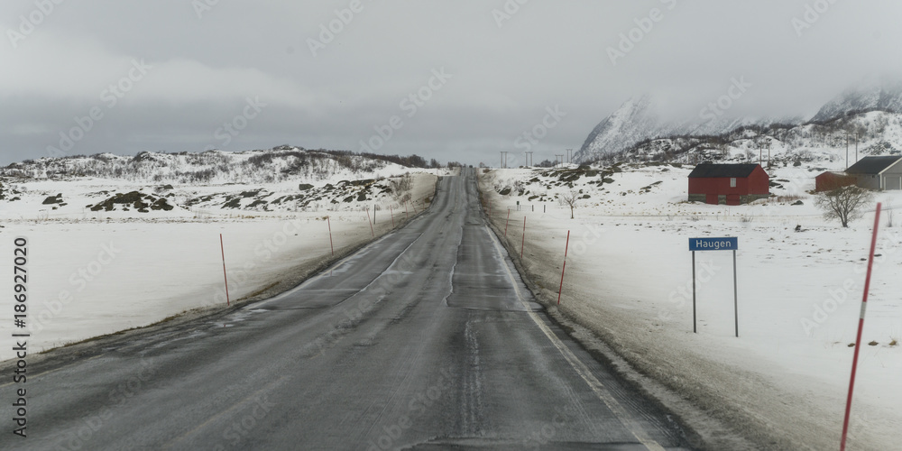 Road passing through snow covered landscape, Lofoten, Nordland, Norway