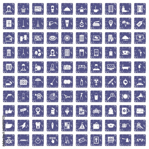 100 hotel services icons set grunge sapphire