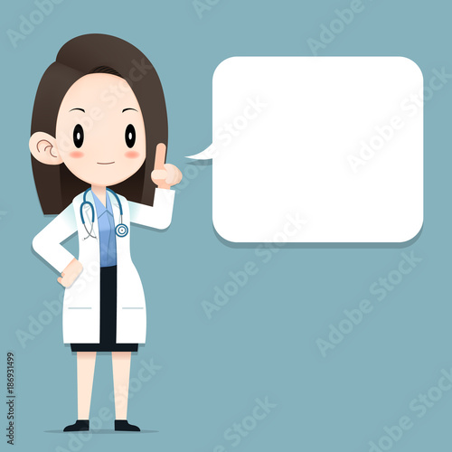 Female doctor tiny character blank talk balloon