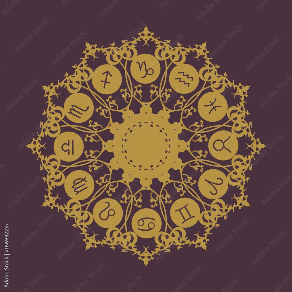 Astrological symbols in the circle. Decorative ornanet Astrological symbols in the circle. Decorative ornanet