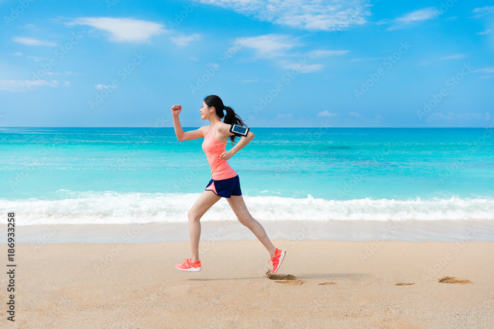 beautiful pretty woman traveler running on beach beautiful pretty woman traveler running on beach