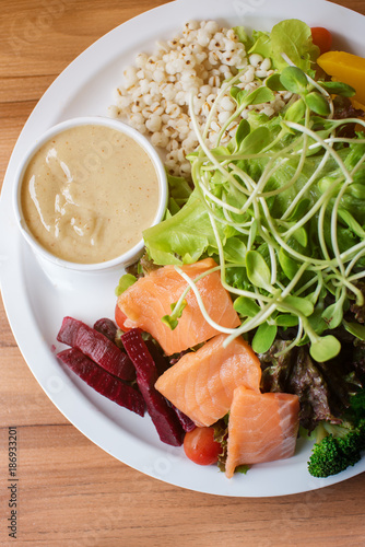 Healthy Food of Salmon salad,fusion food,selective focus