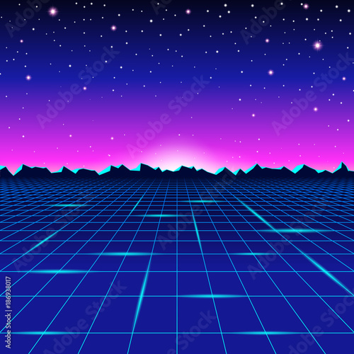 Retro styled futuristic landscape with mountains and shiny grid