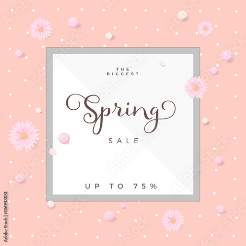 Vector Floral Spring Sale Announcement Poster, 3D Daisies and Frame, Pearl and Flowers Graphics, Pastel Pink and Coral Gradient Background, Spring Graphics, Business Announcement
