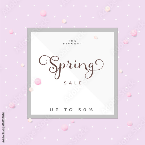 Vector Pearl Spring Sale Announcement Poster, 3D Pearls and Frame, Pearl Graphics, Pastel Pink and Violet Gradient Background, Spring Graphics, Business Announcement