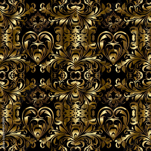 Vector gold baroque seamless pattern. Floral golden damask background wallpaper with antique flowers, scroll leaves, swirls, baroque ornaments in victorian style. Surface texture. Design for fabric