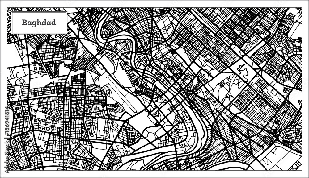 Baghdad Iraq City Map in Black and White Color.