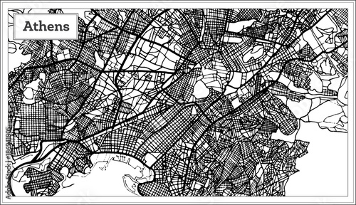 Photo Athens Greece Map in Black and White Color.