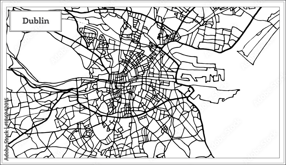 Fototapeta premium Mapa miasta Dublin Irlandia w kolorze czarno-białym.