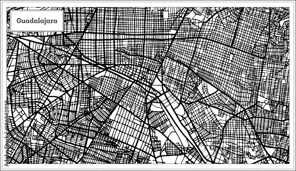Guadalajara Mexico City Map in Black and White Color.