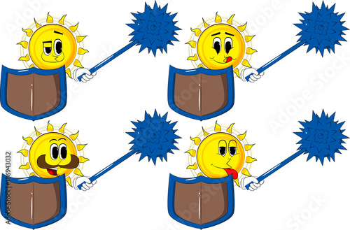Cartoon knight sun holding a spiked mace and shield. Collection with happy faces. Expressions vector set.