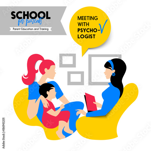 Beautiful woman and child silhouette. Mother and baby. Talking with psychologist. Seminar and training concept. School for parents poster. Vector illustration. Material design