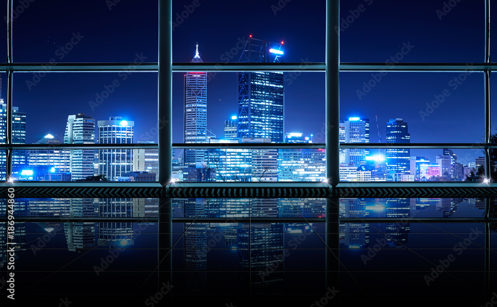 Modern empty and clean office interior with glass windows , Perth city skyline  background , night scene . Stock-Foto | Adobe Stock