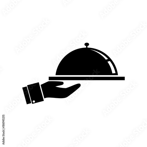 Food tray on a hand of hotel room service. vector icon
