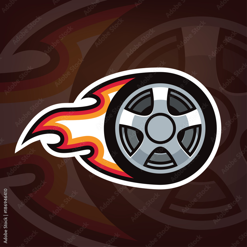 Burning car wheel logo design. Cartoon wheel in fire. Emblem for car repair shop, motor sport team, drift racing. Vector illustration