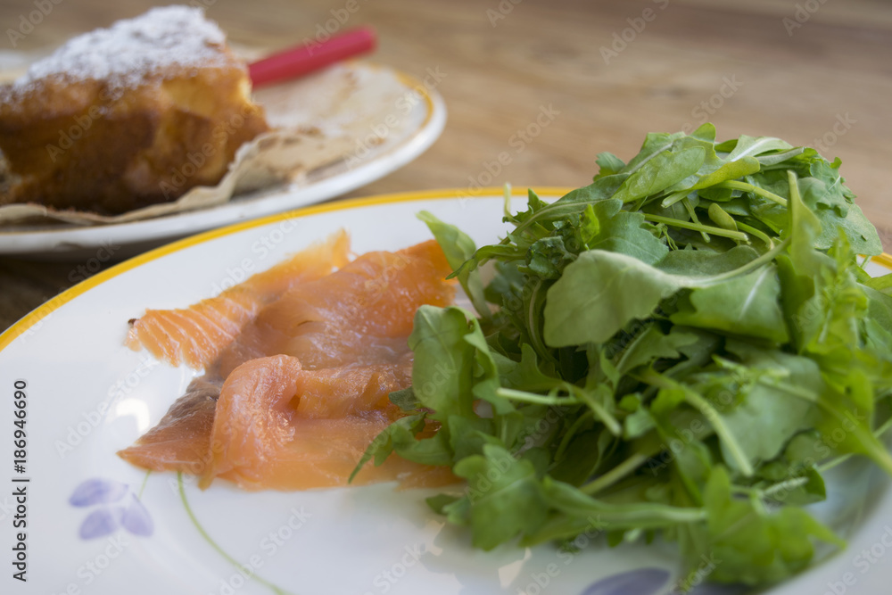 smoked salmon fillet with green salad smoked salmon fillet with green salad