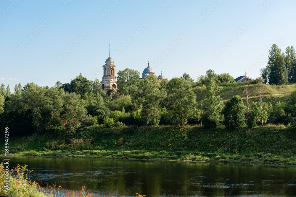 Naklejka premium River Volga and Borisoglebsky Cathedral, Staritsa, Tver Region, Russia