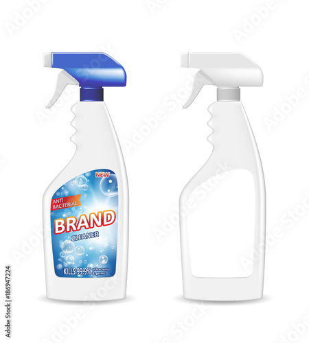 Spray Pistol Cleaner Plastic Bottle with detergent for bathroom. Bathroom cleaner ad. Spray Bottle mockup. Realistic 3d illustration.