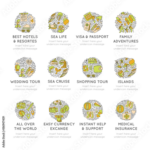 Travel hand draw icons. Icon lined cartoon collection about adventure, outdoor activivies, beach, summer, travelling, get a vacation and extremal sport. Traveling icon set