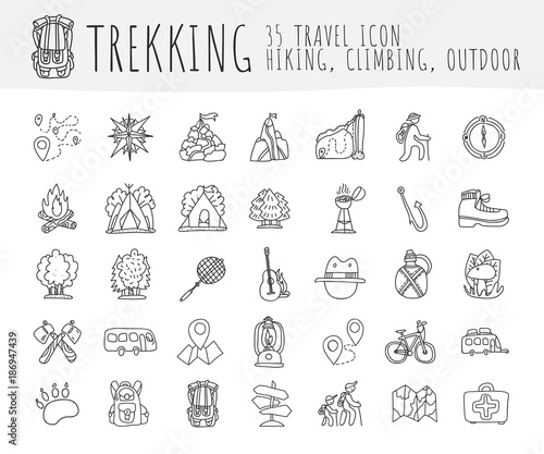 Trekking travelling icon collection, hiking hand draw cartoon icons. Camping and travel caravaning doodle illustration. Tent, compass, tracking, forest and other attributes about trek and hiking icons