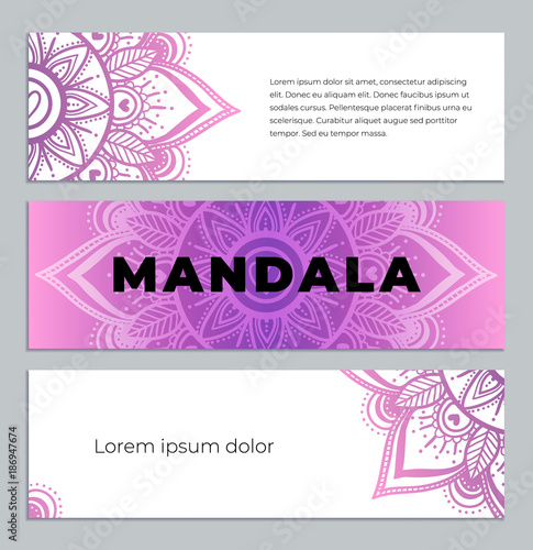Abstract mandala banner design. Vector creative illustration with oriental boho elements. Violet color theme flyers template.
