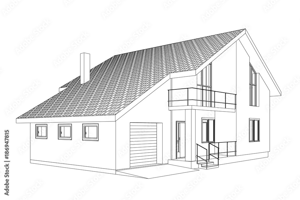 3D linear architectural sketch detached suburban house. Vector illustration.
