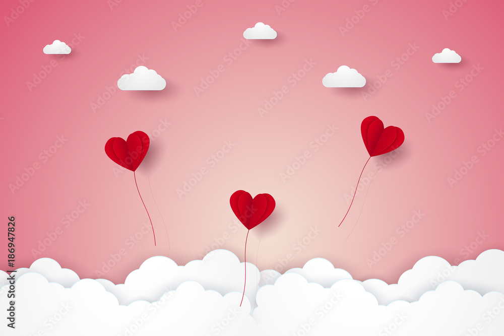 Valentines day , Illustration of love , red heart balloons flying on sky , paper art style