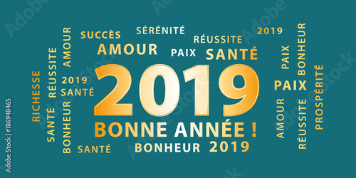 Bonne année 2019 ! Bannière de vœux bleu canard et or.