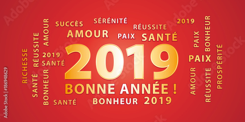 Bonne année 2019 ! Bannière de vœux rouge et or.