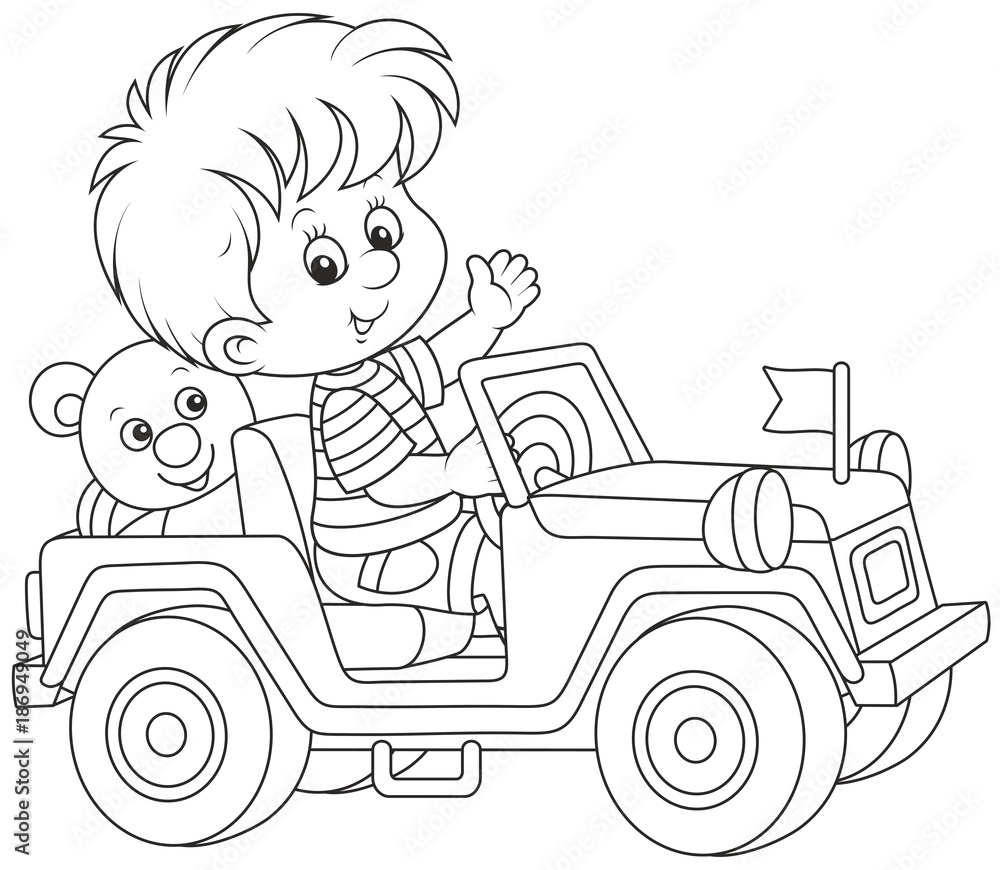 Little boy playing in a toy off road car, a black and white vector  illustration in cartoon style for a coloring book Stock Vector | Adobe Stock