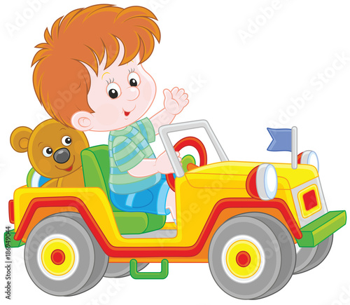 Little boy playing in a toy off road car, a vector illustration in cartoon style