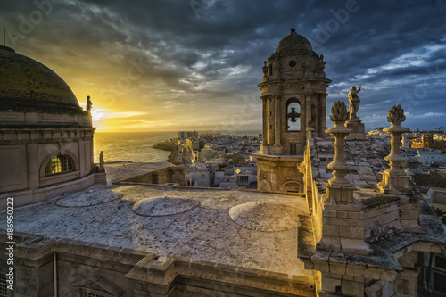 Sunset Over Cathedral Cadiz Spain